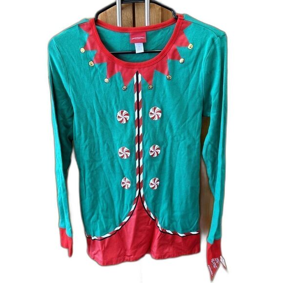 Wondershop Christmas Elf Shirt M Gold Red Green Long Sleeve NEW Stretch Pullover - Picture 1 of 8